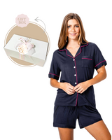 Bamboo Short PJ Set & Candle Gift Box Navy