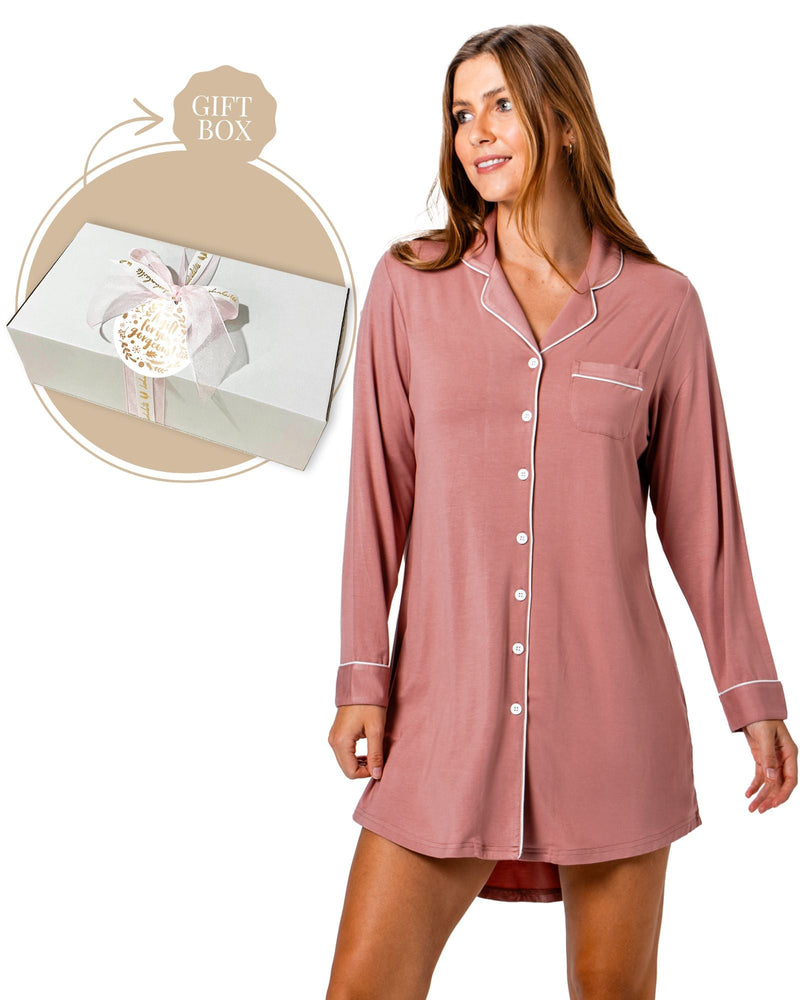 Bamboo Night Shirt + Candle Gift Box Cinnamon Pink