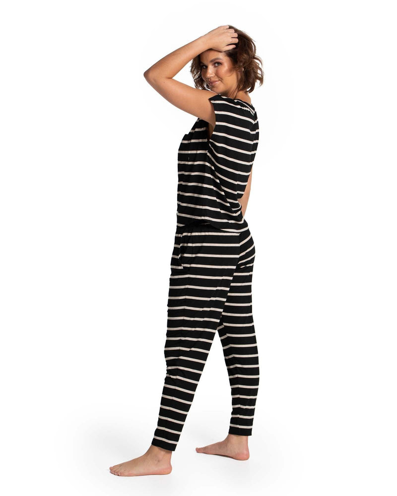 Cropped pyjama Pant and Short Sleeve Shirt Set in Black and Oatmeal Stripe color