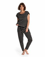 Cropped pyjama Pant and Short Sleeve Shirt Set in Black and Oatmeal Stripe color
